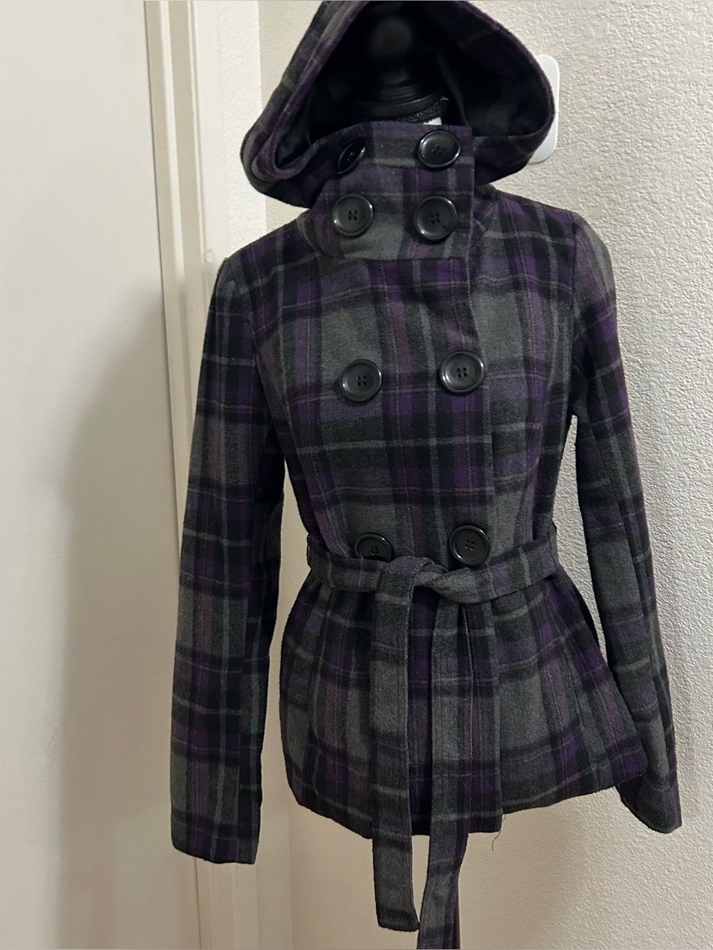 Y2K Dark Academia Goth Purple Plaid Hooded Pea Coat Wool Jacket Small Grunge - Picture 2 of 9